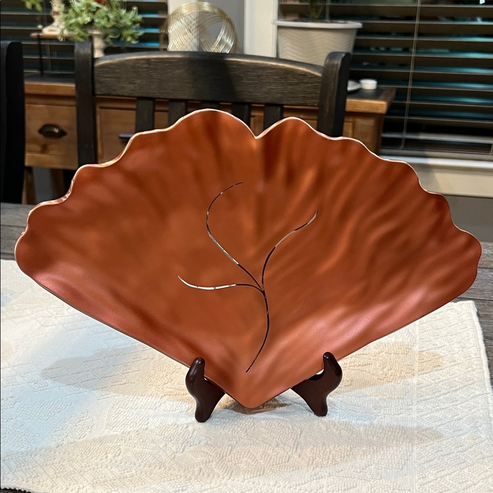 Signed Annieglass Studio Art Glass Sculptural Leaf Platter RARE PATTERN